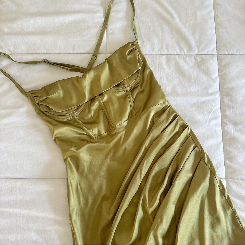 ASOS Olive Green Satin Cowl Bust Wired Corset Ruch Midi Dress | High Low